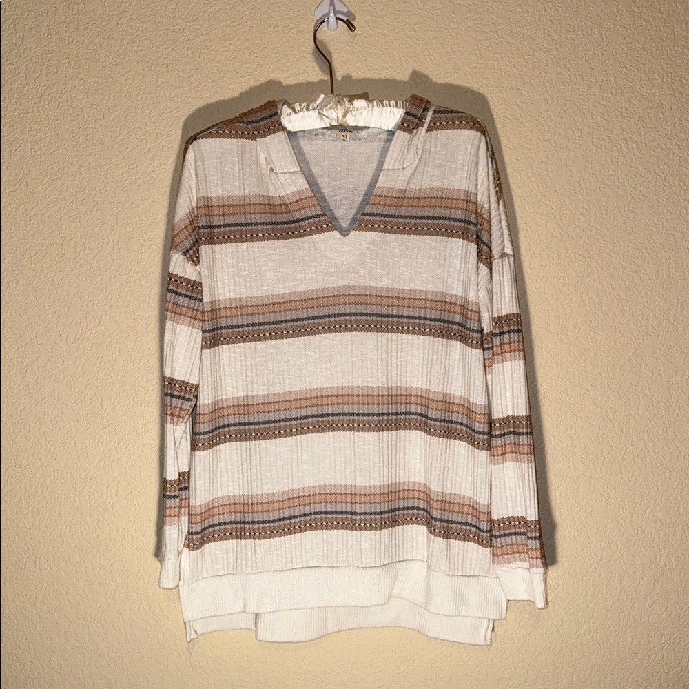 BKE V-Neck Sweater with Cream and Tan Stripes